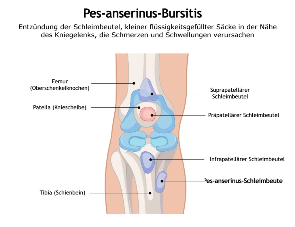 Schematische Darstellung der Knieschleimbeutel mit Darstellung des Pes-anserinus-Schleimbeutels und der mit der Pes-anserinus-Bursitis verbundenen Entzündung.